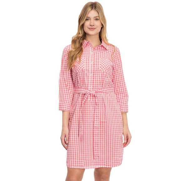 Izod Dresses & Skirts - IZOD Shirt Dress Pink & White Gingham Size M